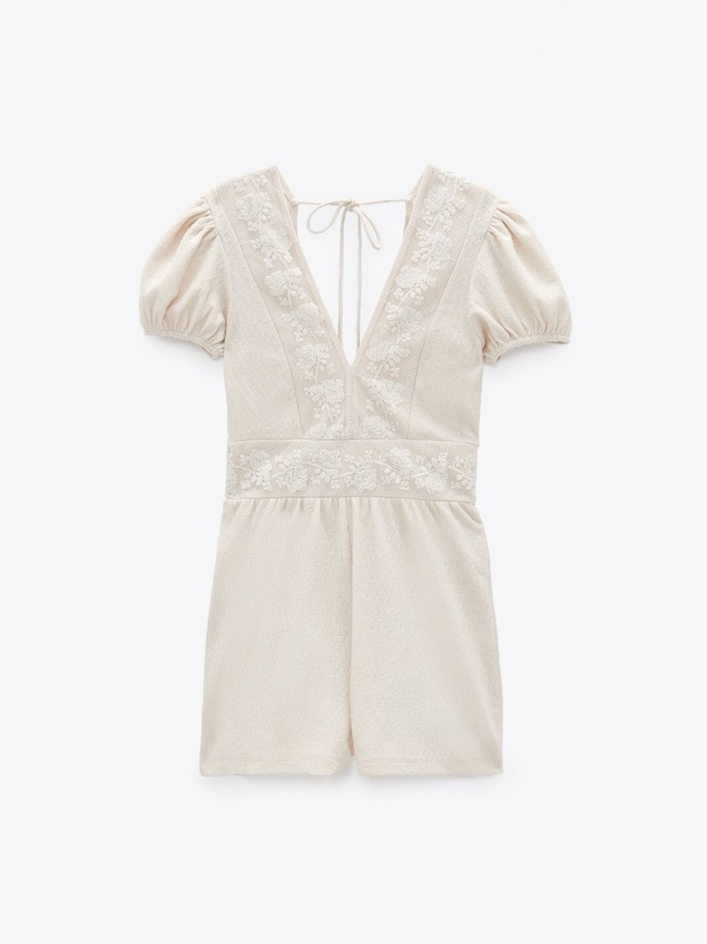 Zara Cream Embroidered V-Neck Tie-Back Romper